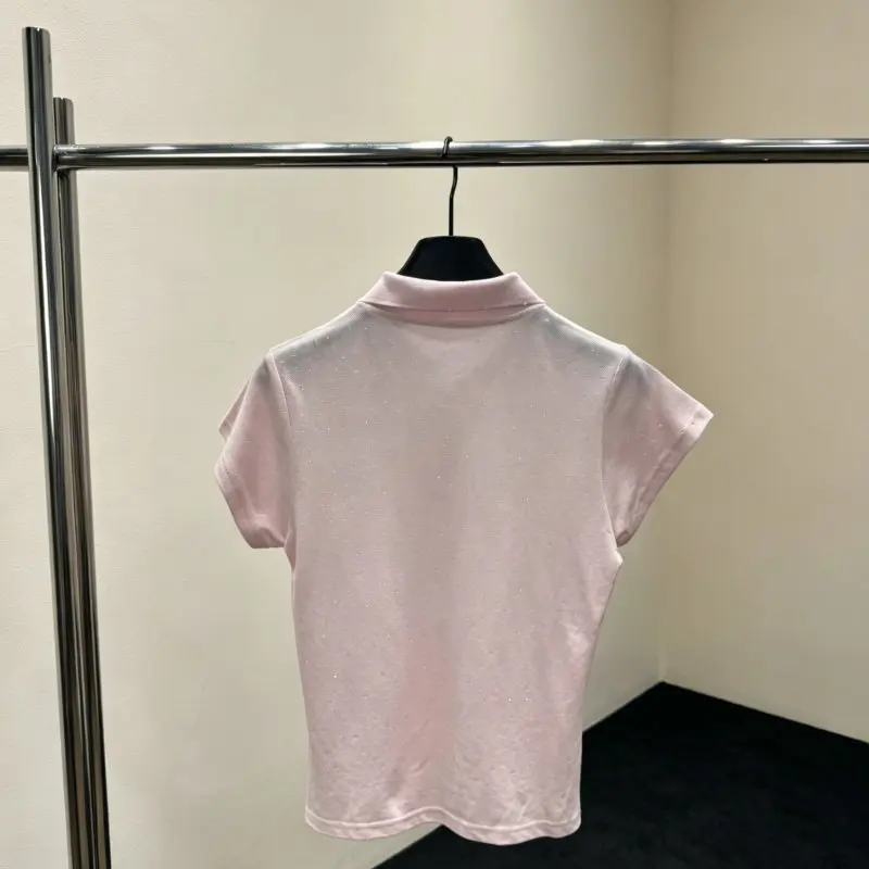 Women's Preppy Cherry Blossom Pink Polo Shirt Short Sleeve Rhinestone Decorated Casual Tee Top