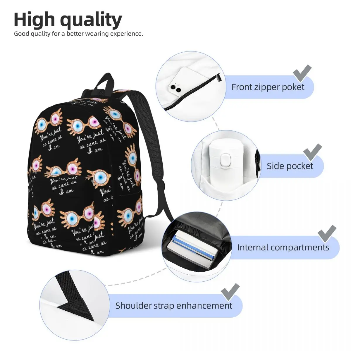 You_re Just As Sane As I Am - Luna Lovegood Student Backpack School Bag Hiking Travel Daypack for Men WomenBookbag Shoulder Bags