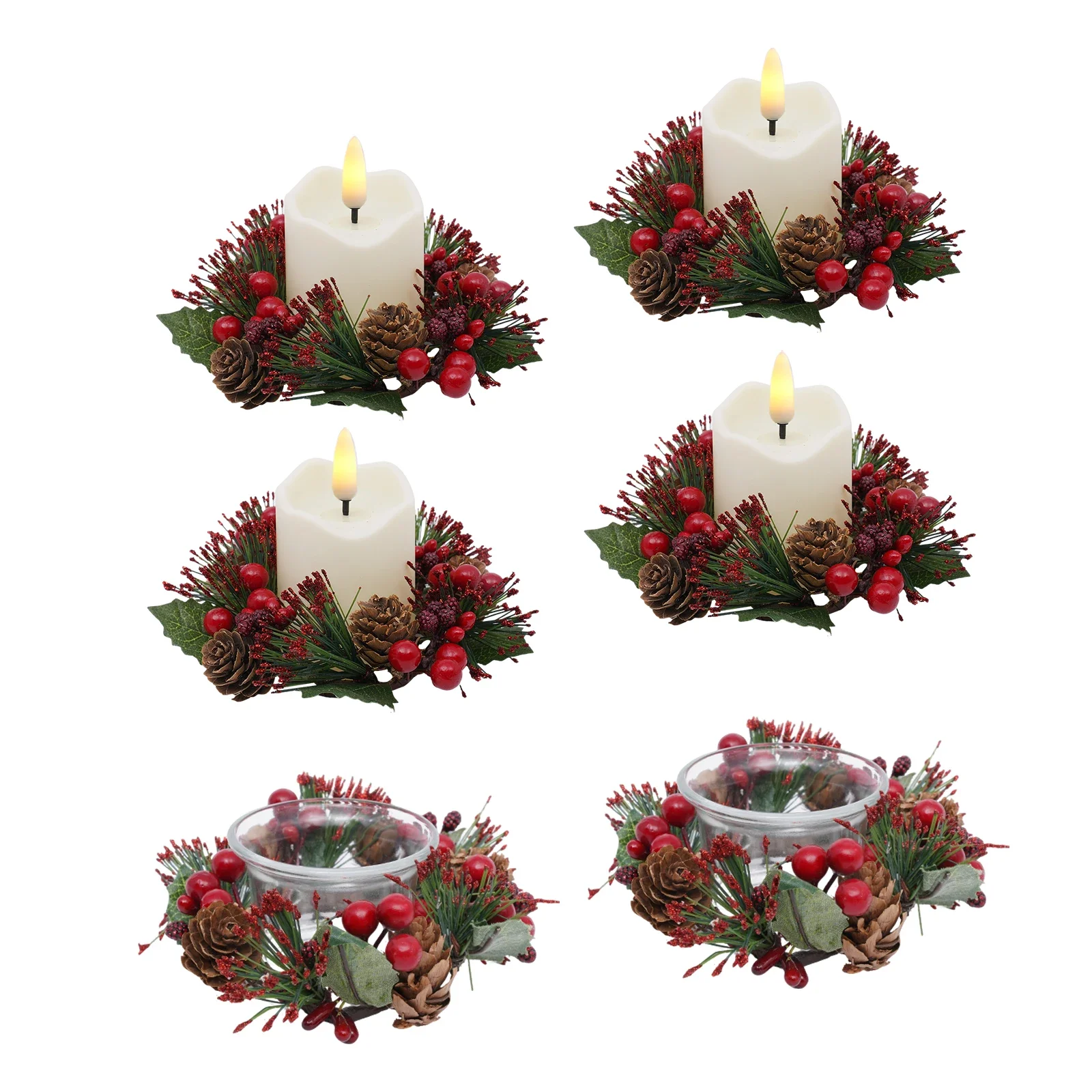 6 Pcs Christmas Candle Rings Wreaths Artificial Pine Wreaths with Christmas Balls Golden Twigs and Silver Berries Candle Ring Holder for Xmas Winter Indoor Centerpiece Table Decorations Red