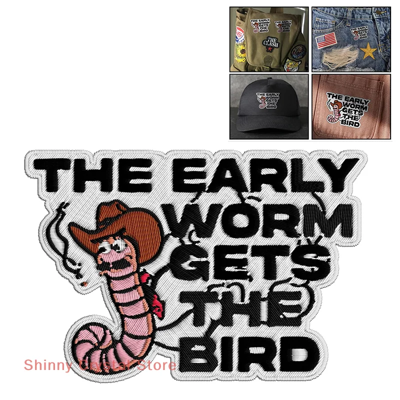 Parche bordado de vaquero The Early Worm Gets The Bird, Animal divertido para mochila, sombrero, chaquetas, parche de gancho y bucle