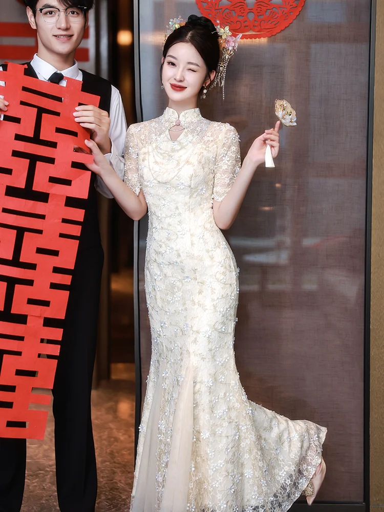 

New Chinese Sle Qipao Wedding Dr Ele Fi Tail Skirt Engagement Ceremony Dr for Bride Retro Zipper Floral Detail