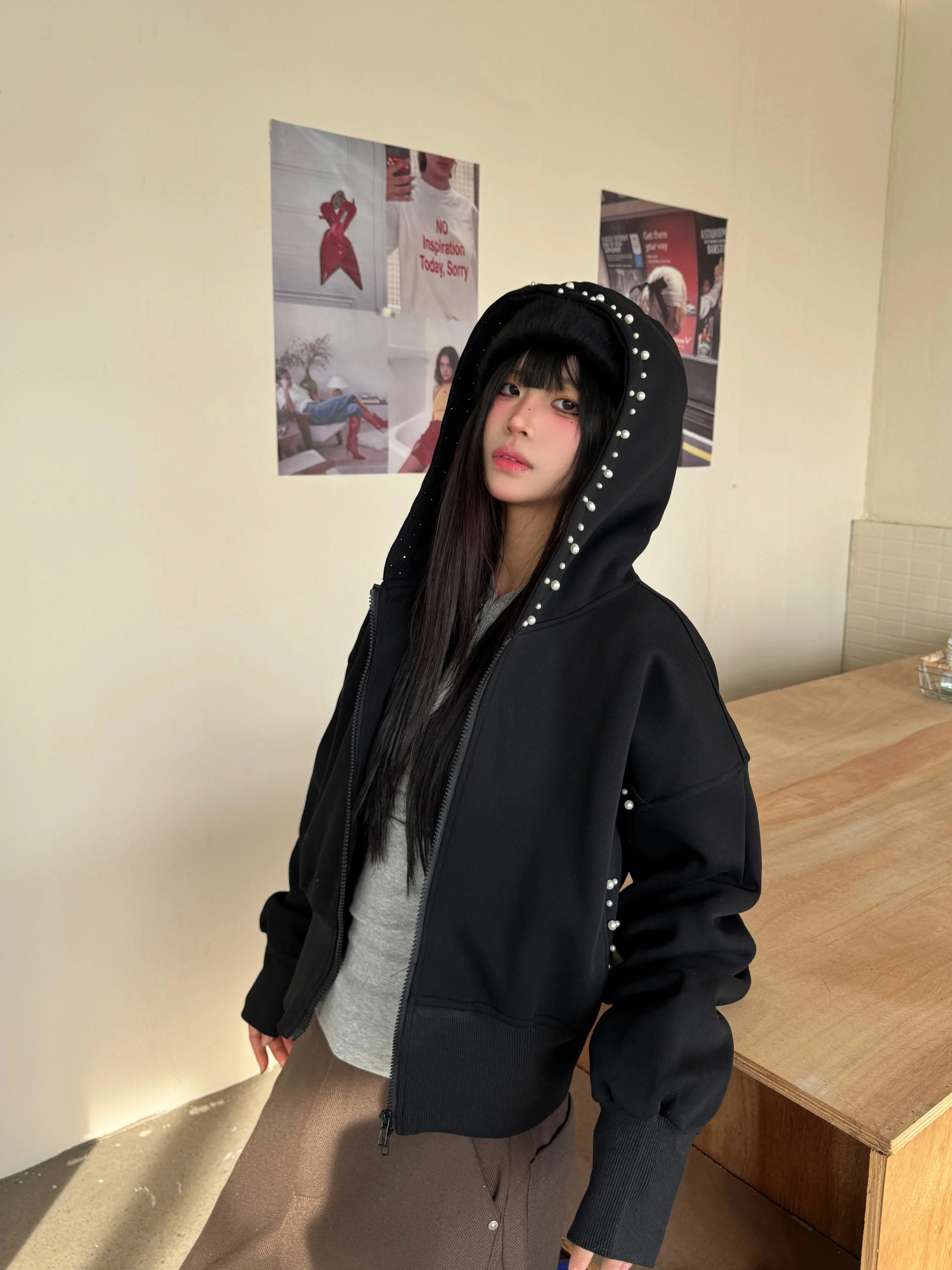 2025 Autumn Harajuku Black Jackets with Hooded Women Y2k Clothing Design Elegant American Retro Coats Korean Fashion