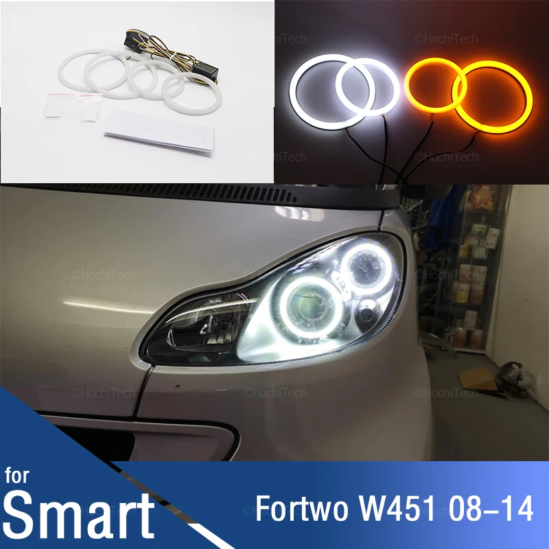 Car Angel Eyes Rings Led Car Headlight Daytime Running Light for Brabus Smart Fortwo W451 Mk2 2008-2014 Turn Signal White Yellow