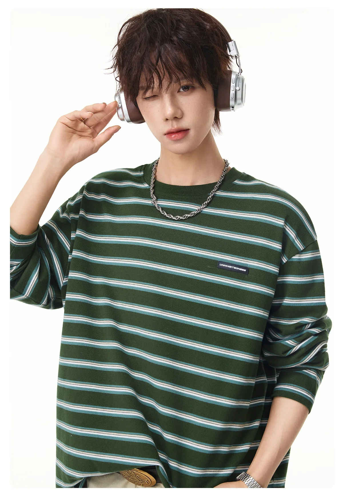 Vintage Patchwork Striped Long-Sleeve T-Shirt for Men and Women—Soft, Lightweight, Loose-Fitting, Versatile, Casual Pullover Top