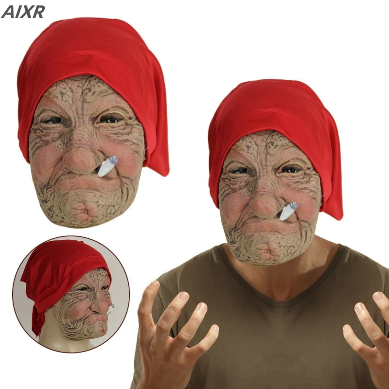 

Smoking Granny Mask Grandpa Latex Head Set Halloween Cosplay Party Props Around Scary Oni Mask for Face Cosplay Mascara Disfraz