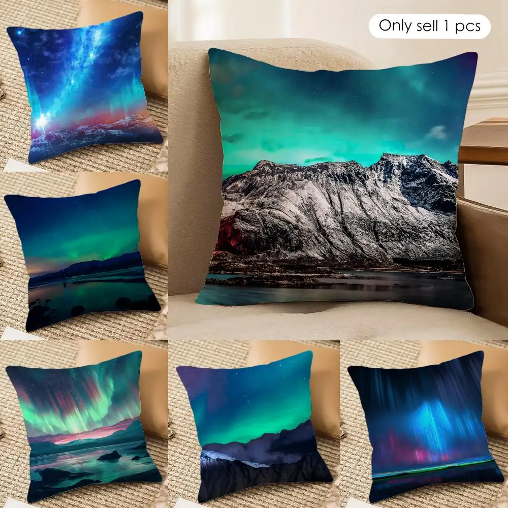 Northern Lights Night Sky Cushion Cover Silky Short Plush Invisible Zipper Dustproof Sofa Pillow Case for Home Decor