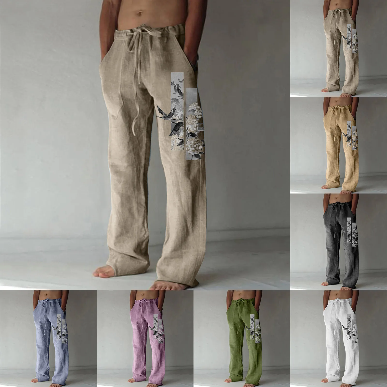 

Men's Summer Casual Pants Daily Wear Printed Full Length Soft Linen Pants Mid Waist Pocket Drawstring Trousers Streetwear