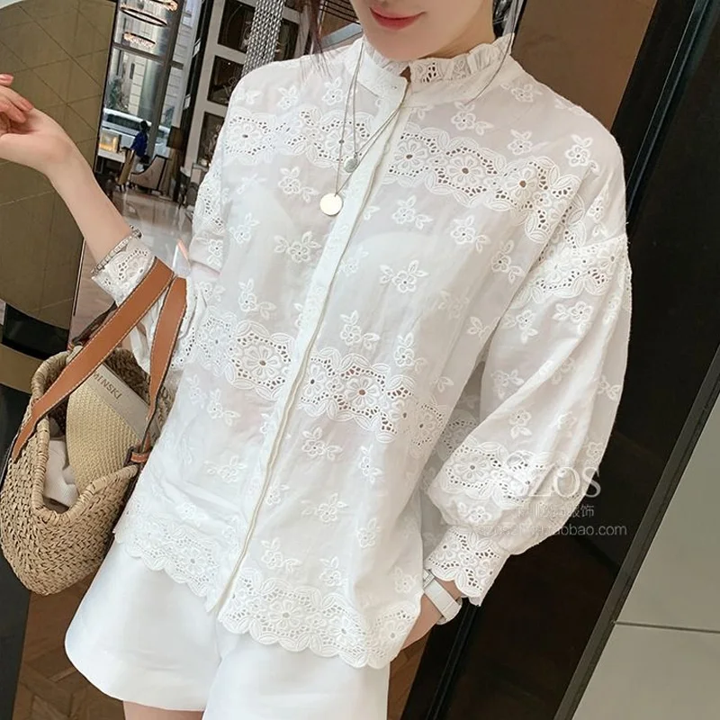 2023 New Spring and Summer Vintage Lace Standing Neck Embroidered Jacquard Hollow Out Wood Ear Lace Loose Relaxed Oversize Shirt