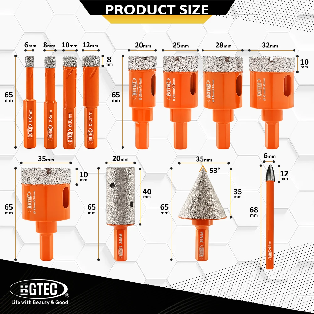 BGTEC 12pcs Diamond Dry Drill Bit Kit Dia6-35mm Aluminum Case Cross Drill Bit Chamfer Grinding Rod Ceramie Tile Granite Marble