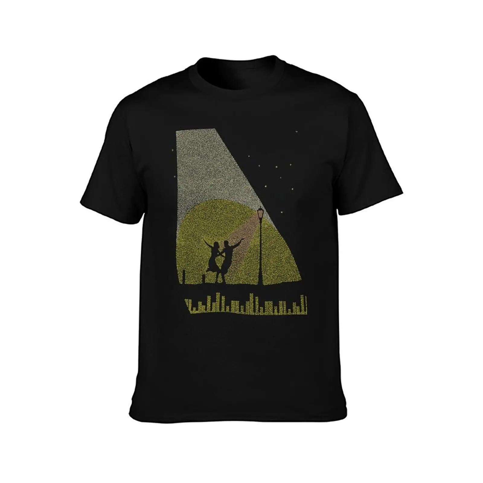 Poster of Mia and Sebastian dancing to lovely night from the movie LaLaLand made up of small curved shapes T-Shirt, 100% Cotton