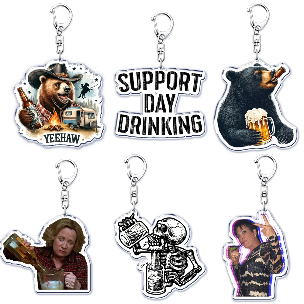 Humor Drinking Funny Keychains Bear Beer Drunk Drink Alcohol Pendant Keyring for Accessories Bag Key Chain Ring Jewelry Gifts