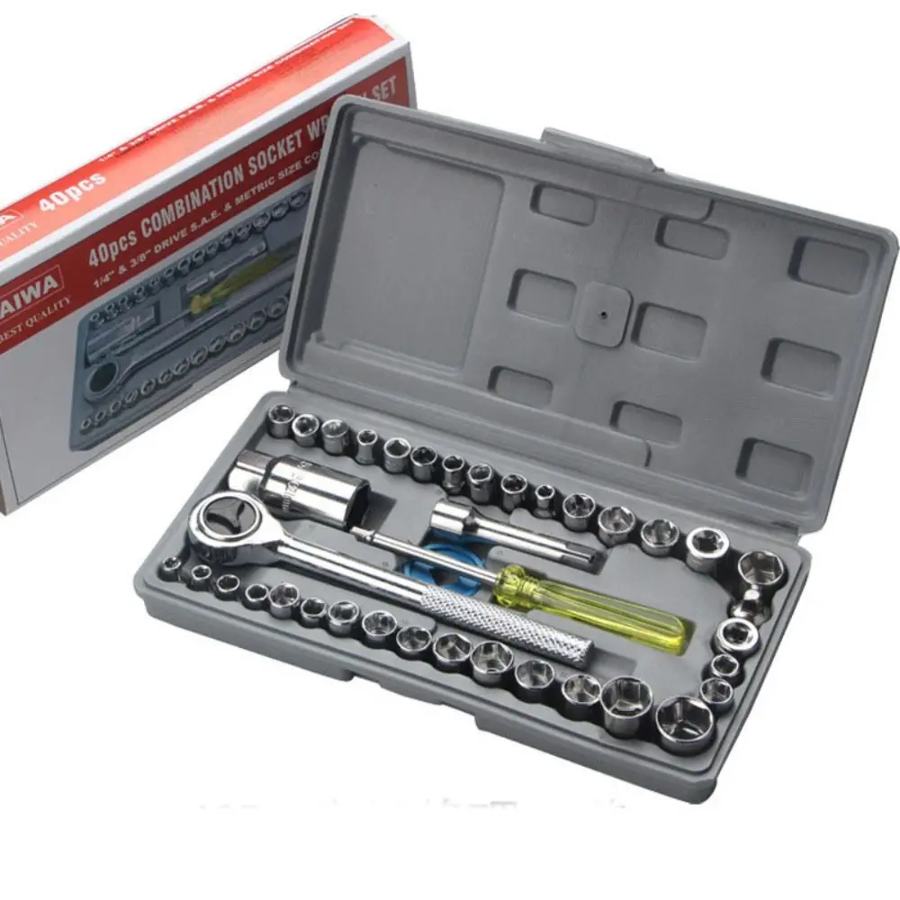 40 Pcs/set Durable Socket Wrench Set 1/4 and 3/8 Inch Tool With Case Drive Hex Socket Mechanics Kit Chrome Vanadium Steel