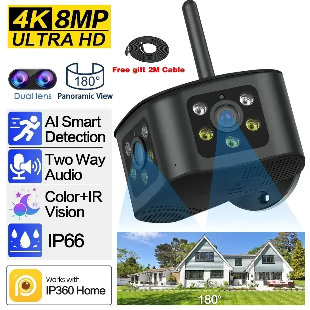 4K 8MP IP Camera Dual Lens WiFi Security Protection Smart Home 180° Ultra Wide Angle Outdoor Waterproof CCTV Video Surveillance