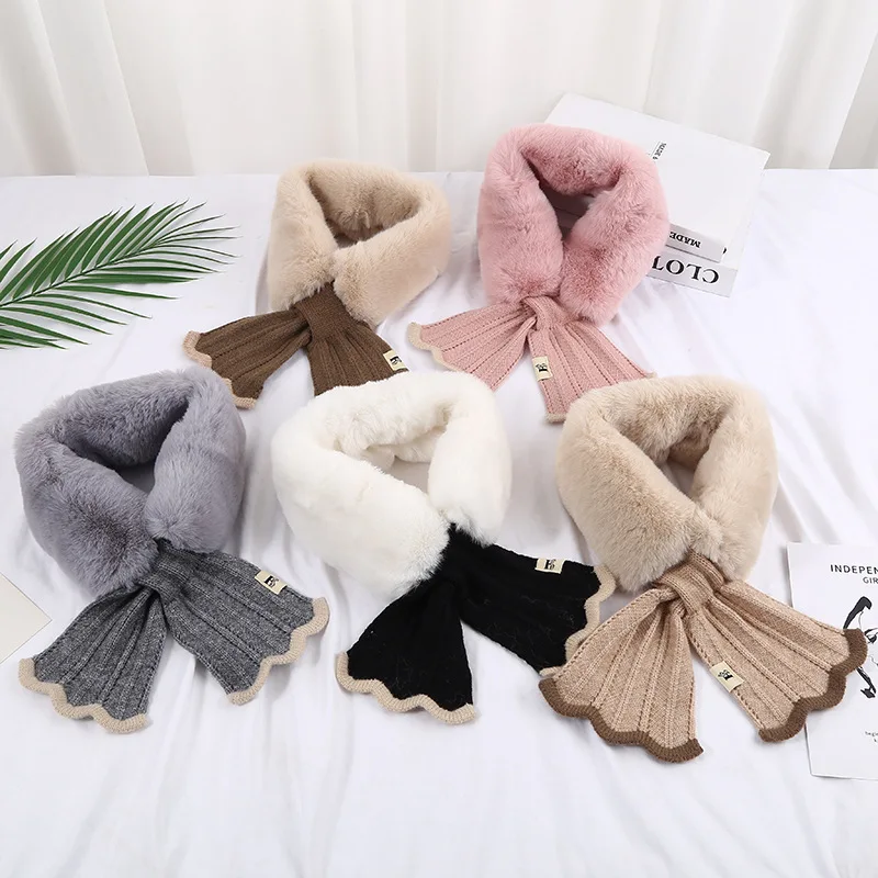 New Fashion Plush Knitting Splicing Scarf Women Winter Faux Fur Thickened Neck Warm Youth Female Outdoor Cross Soft Scarf J28