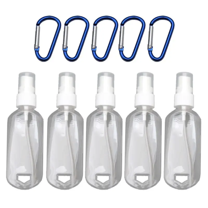 5Pcs 60ml Reusable Portable Mini Size Alcohol Spray Bottle Hand Sanitizer Travel Small Size Holder Hook Keychain for Carrier