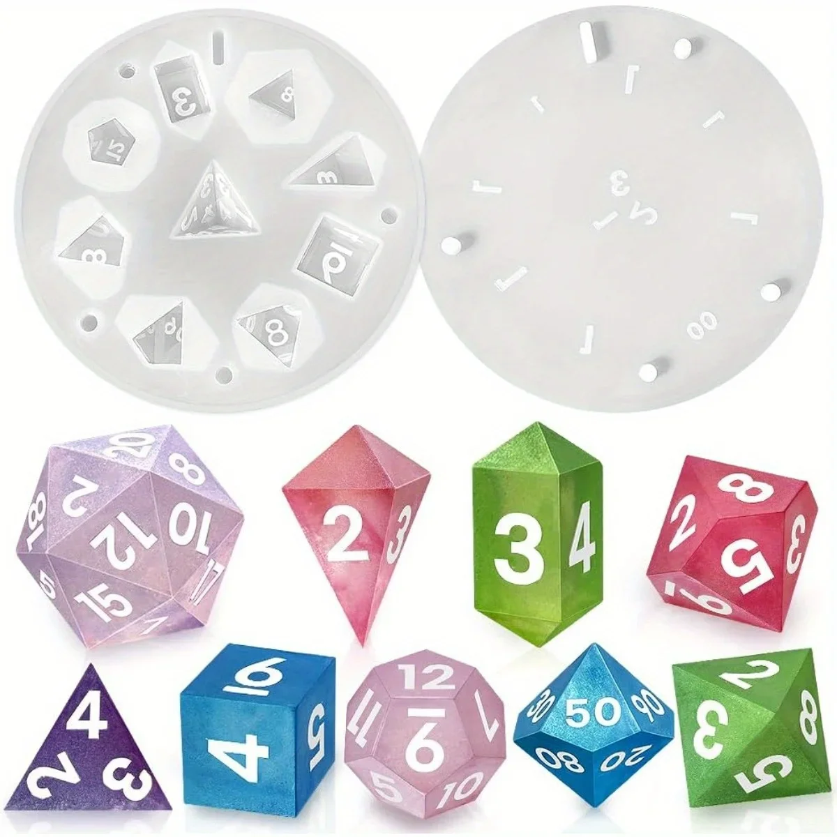 Ensemble de moules en silicone pour dés de D&D 9 pièces avec police améliorée - 7 dés standard + moule pour pendentif D4 en cristal