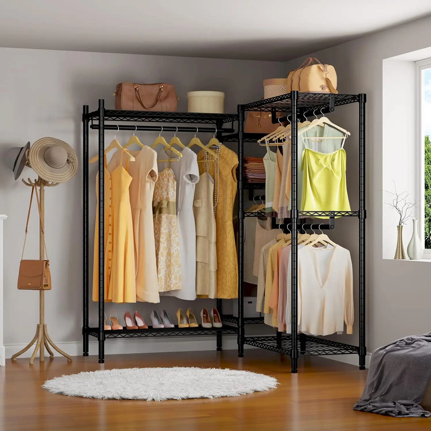 Nt Racks Rack de roupas resistentes Rack de armário de canto Rack de roupas em forma de L para pendurar roupas, armários autônomos de 5 camadas com