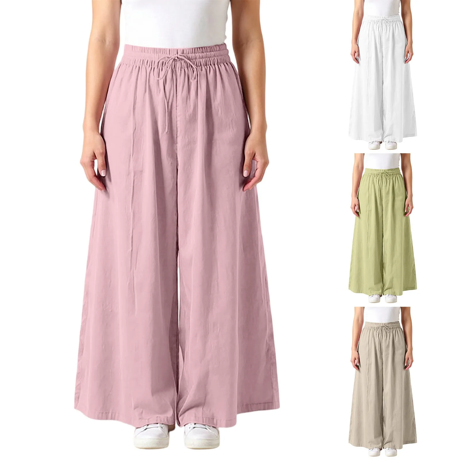 Women's Fashionable Solid Color Cotton And Linen Straight Leg Pants With High Waist And Elastic Waist Casual Loose Pants 2025