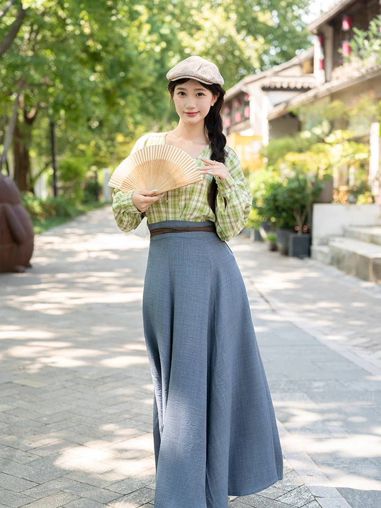 

New Chinese Sle Women's Eight-piece Skirt with Square Collar Waist-cinching Pleated Daily Wear Autumn Faion Hanfu Set