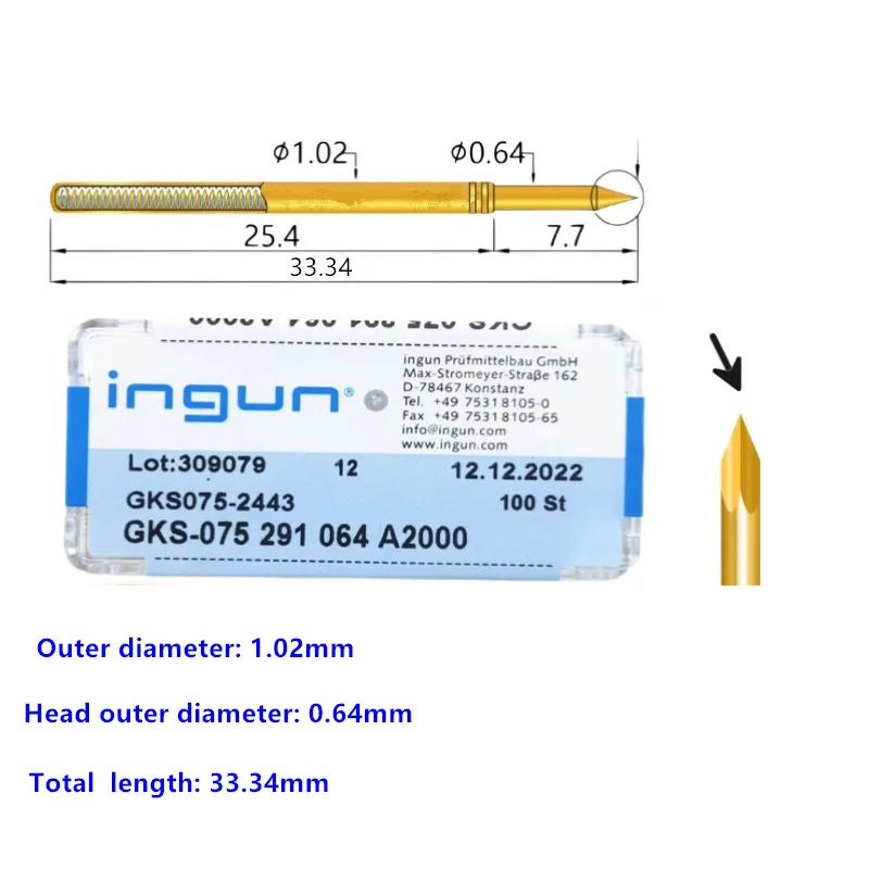 

100 шт., пружинный тестовый штифт для печатной платы INGUN Probe GKS075 291 064 A2000/A28000, заостренный по трем сторонам, 1,02 мм