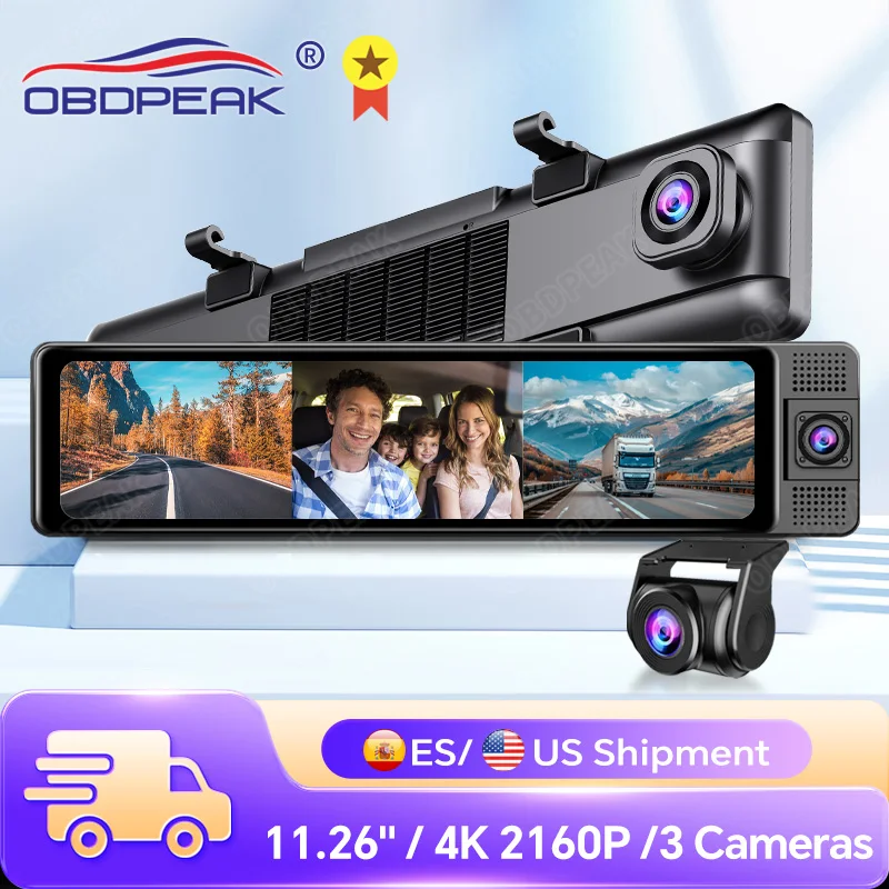 OBDPEAK H330 4K Dash Cam 3 Cameras Car DVR Touch Screen Rearview Mirror WIFI Black Box GPS Track 2K+1080P+1080P Video Recorder