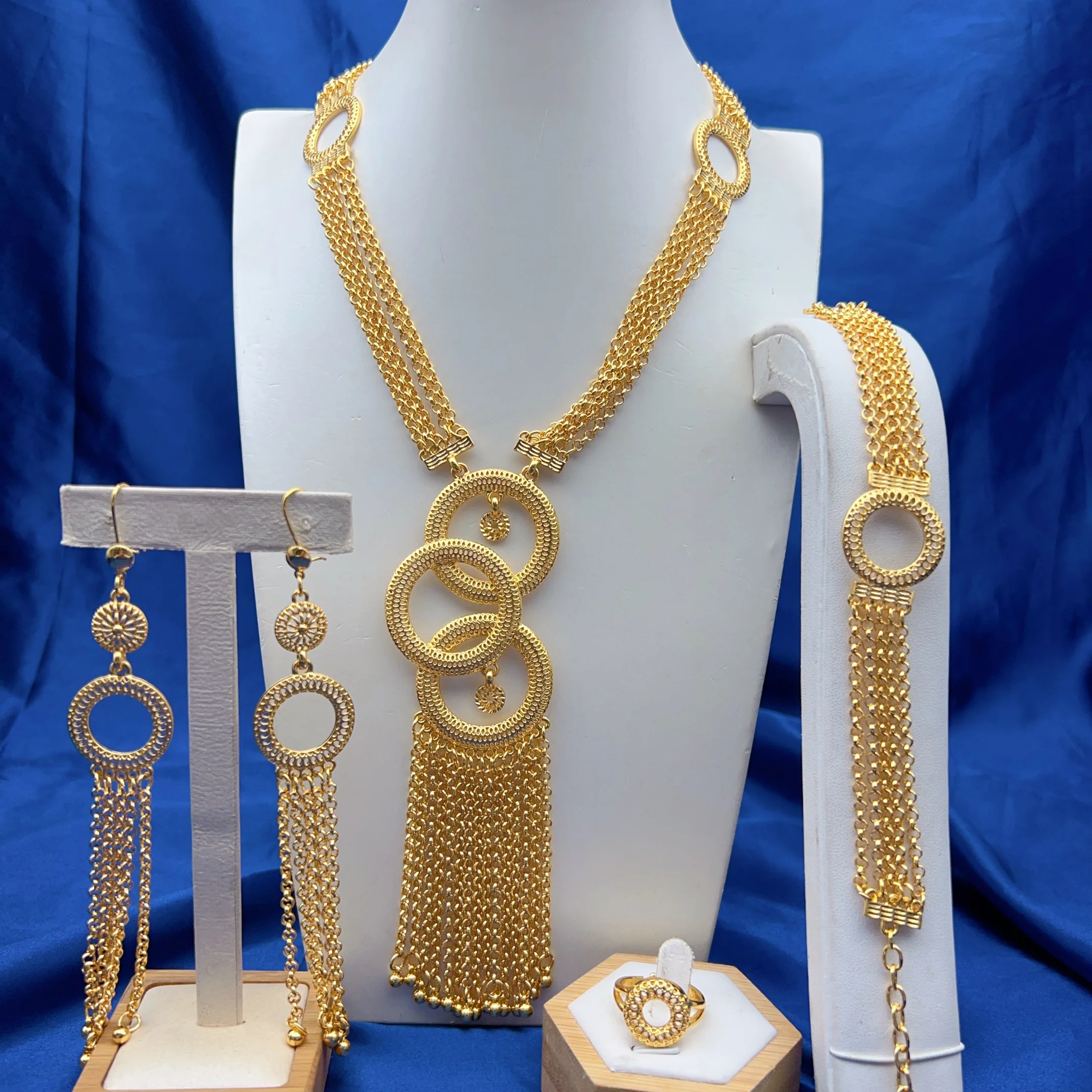 Parures de bijoux brésiliennes couleur or 24 carats, collier long et boucles d'oreilles pour femmes, style Dubaï, pour mariage, ensemble de mariée nigérian et indien, cadeaux de fête