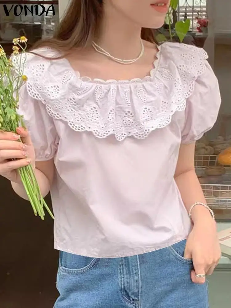 

Summer Elegant Solid Tops VONDA Fashion Lace Blouse Women Square Collar Shirt 2024 Short Puff Sleeve Casual Loose Ruffled Blusas