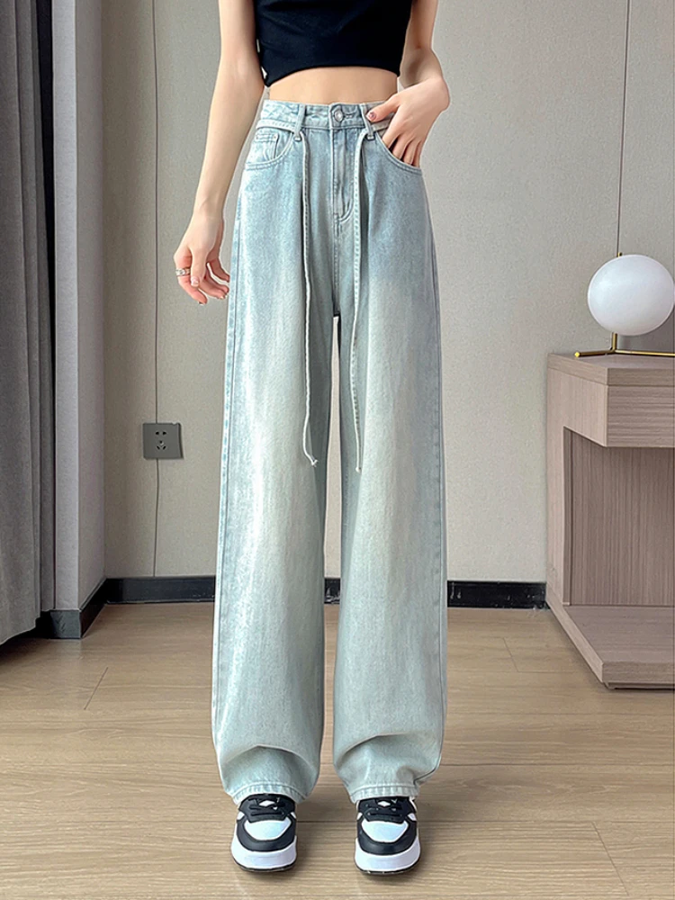 Lace-up Jeans Women Wide Leg Loose Autumn Simple Fashion Ankle Length Denim Streetwear High Waist Korean Style Hotsweet Solid