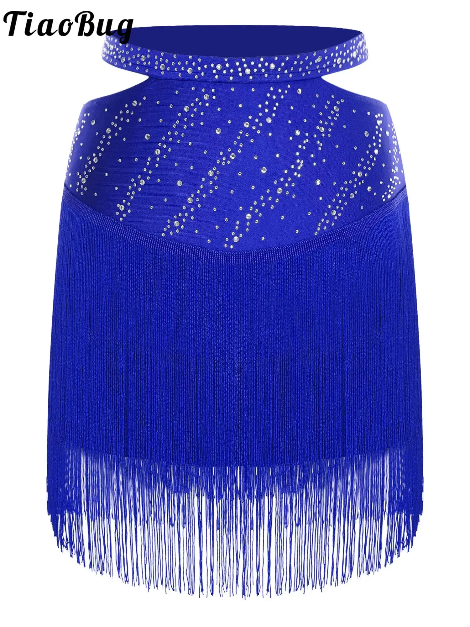 

Women Fringed Rumba Salsa Cha-Cha Latin Dance Costume Cutout Elastic Waistband Rhinestones Tassels Skirt Performance Dancewear