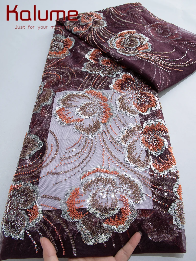 

Новейшая французская тюлевая кружевная ткань Kalume 2026, высококачественная африканская кружевная ткань с вышивкой и пайетками для платьев F4315