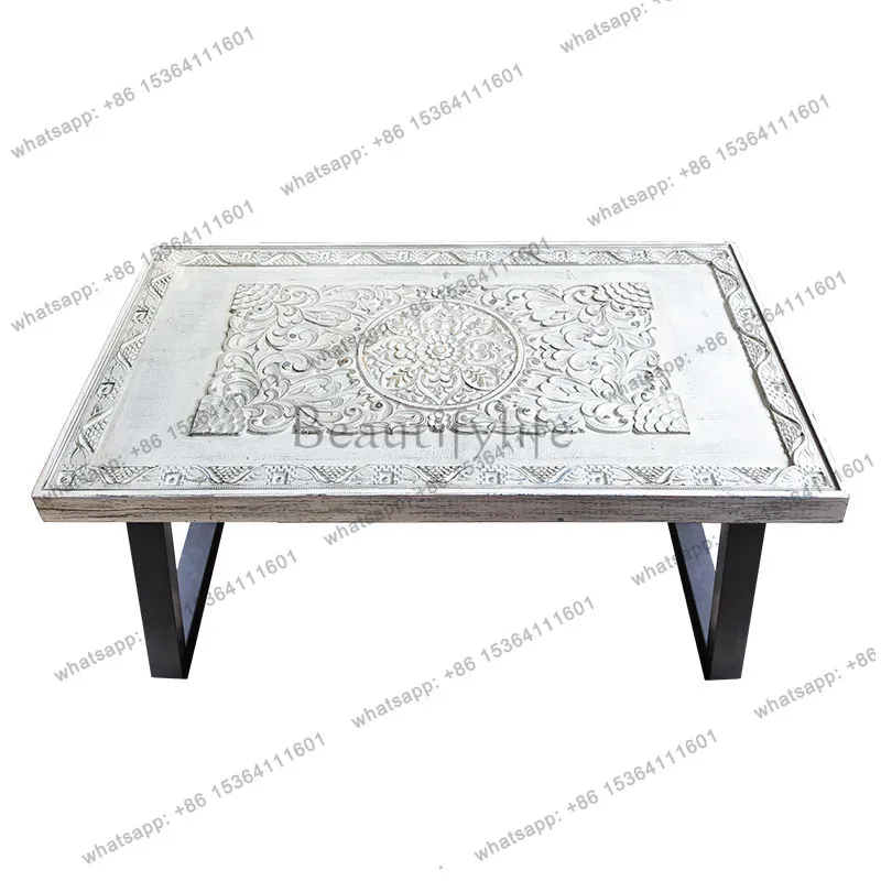 French retro solid wood carving flower tea table living room old rectangular decorative coffee table