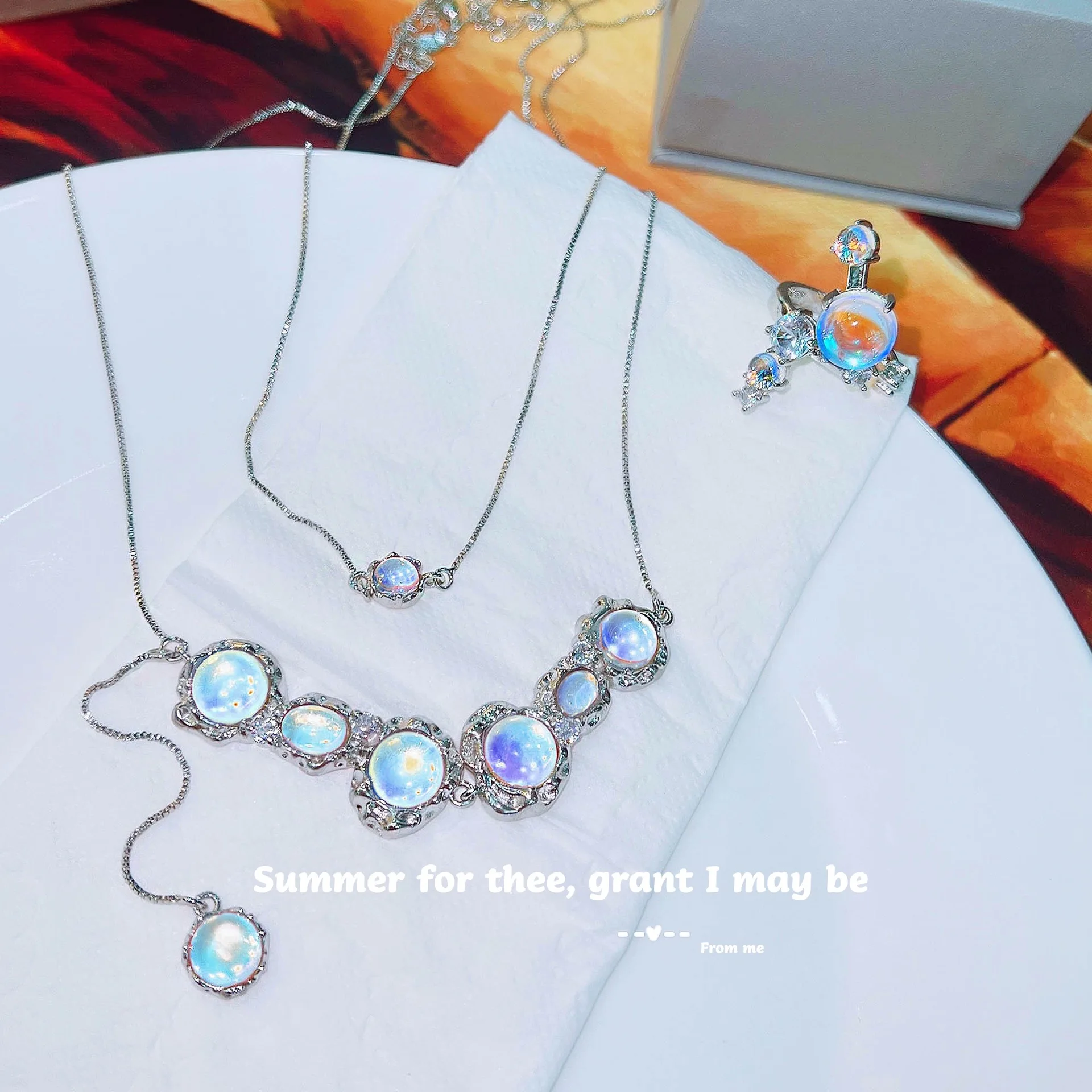 S925 sterling silver necklace light luxury moonstone set creative stacking necklace open ring women