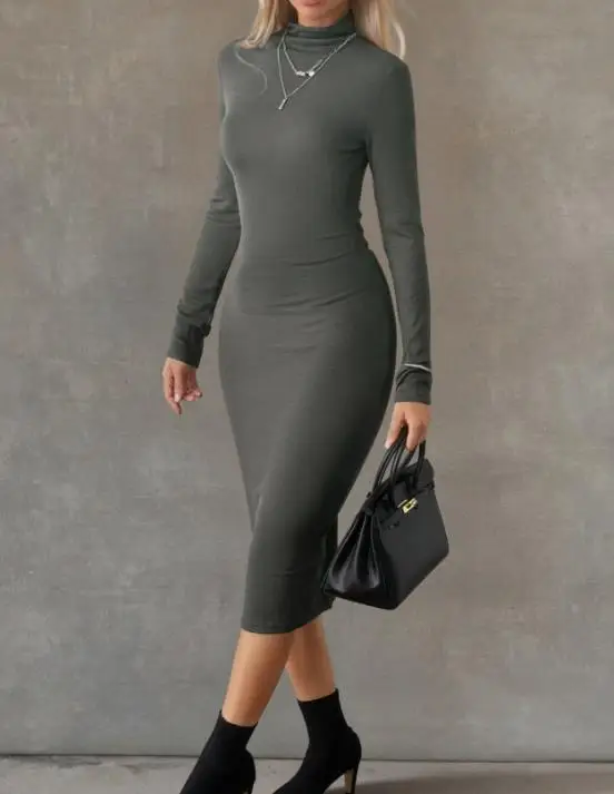 

Tight Fitting Women's Dress In Autumn and Winter, Solid Color Round Neck, Pure and Stylish Temperament, Hip Hugging Dress