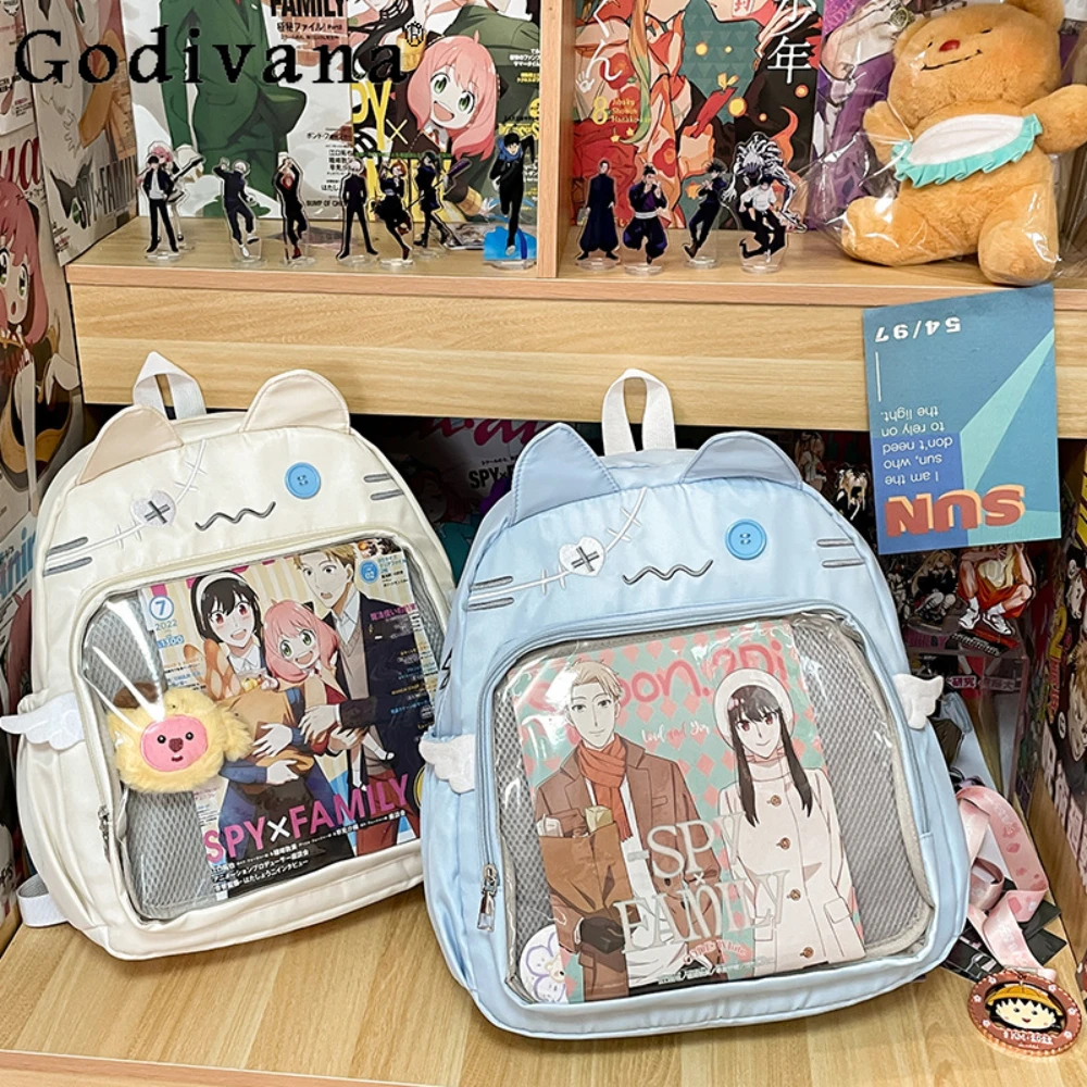 Japanese Transparent Academy Large Capacity White Backpack Schoolbag Commuter Cute Cat Kawaii Itabag Women Handbags