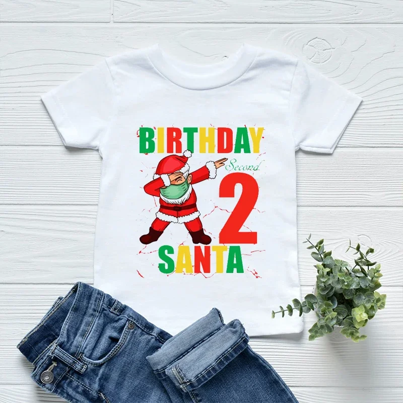 2024 New Arrival Boys T-Shirt Cute Santa Claus Birthday Numbers 2-10 Years Old Print Girls T-Shirt Kids Christmas Name Costume