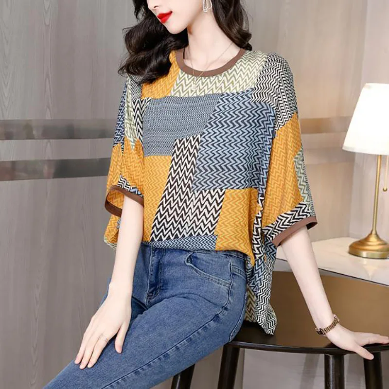 Fashion O-Neck Spliced Printed Irregular Blouse Women\'s Clothing 2024 Spring New Oversized Casual Pullovers Loose Commute Shirt