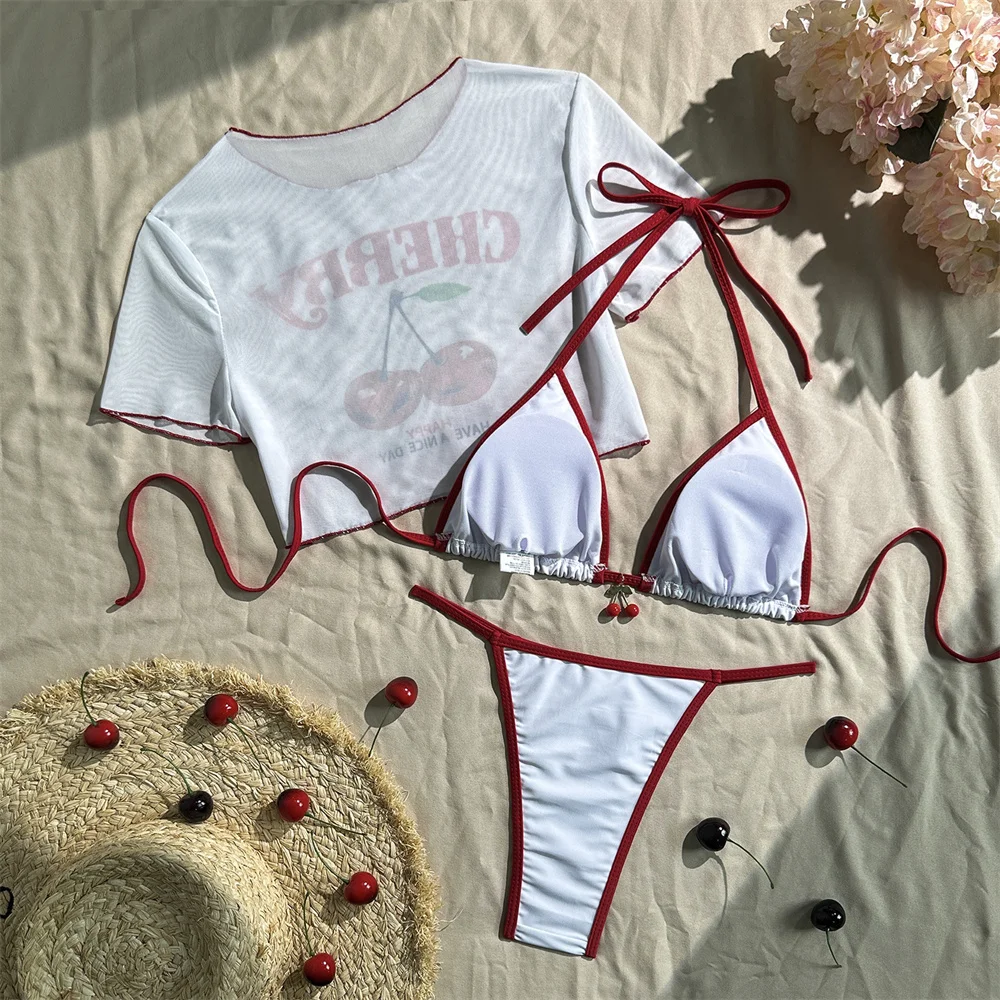 Seksowne bikini typu stringi z trójkątnym dołem, uroczy tankini z nadrukiem wiśni, strój kąpielowy damski na wakacje, top z nadrukiem w stylu Y2K, strój plażowy z obszyciem, kostium kąpielowy.