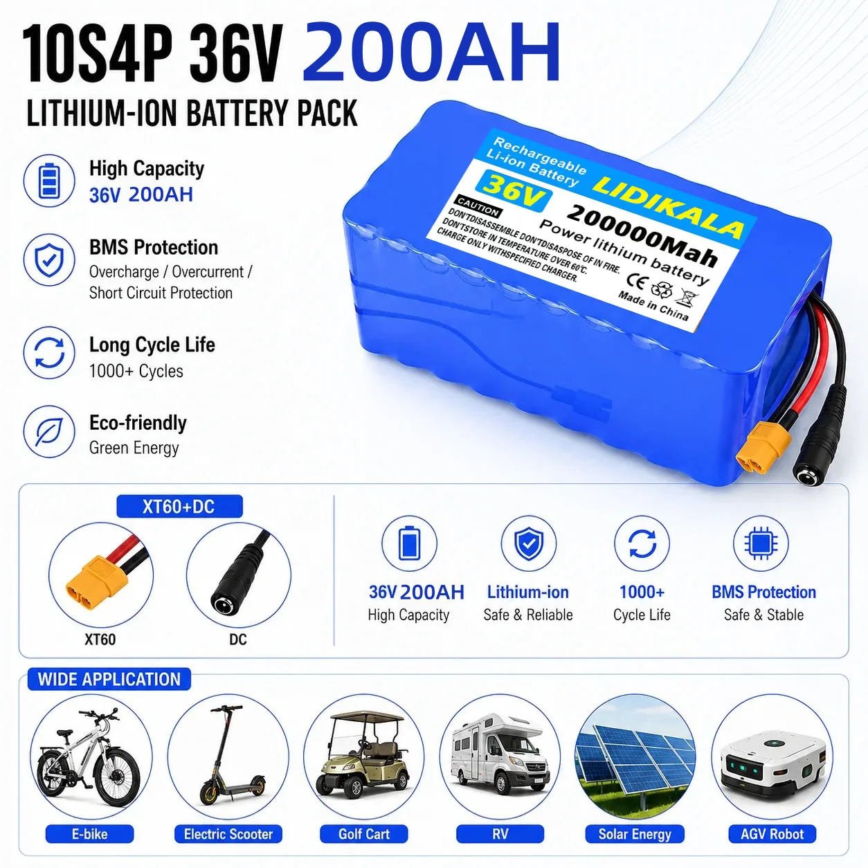 Batterie au lithium 36V 200Ah 200000mAh 10S4P avec BMS intégré et chargeur pour vélo électrique, scooter, camping-car, bateau, solaire, exempt de taxes européennes