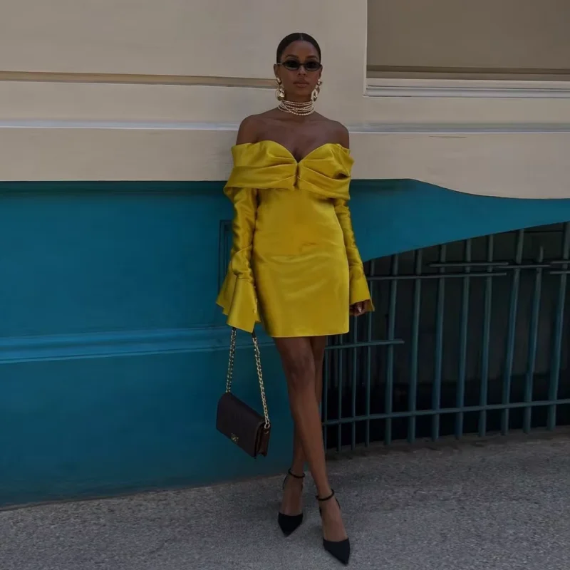 

Golden Yellow Prom Dresses Shirring Sweetheart Off Shoulder Pleated Prom Gowns Custom Made Sexy Mini Prom Dress