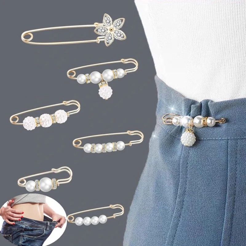 6pc Pearl Brooches Set Waist Buckle Cardigan Jeans Button Brooch Pins Women Sweater Coat Anti Fall Pearls Clothes Pin Decoration