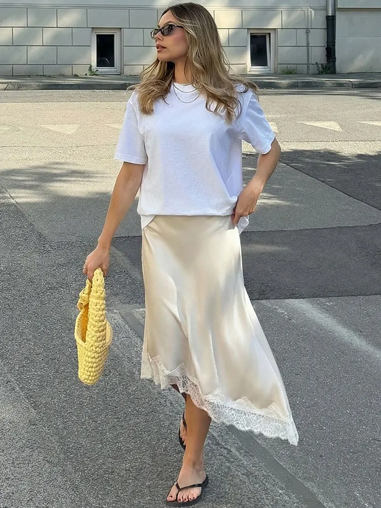 กระโปรงลูกไม้แฟชั่นผู้หญิงทรงเอ ดีไซน์ชายไม่เท่ากัน เอวสูง ทรงเข้ารูป ยาว  สำหรับฤดูใบไม้ผลิและฤดูร้อน สไตล์ไฮสตรีท สวยเก๋