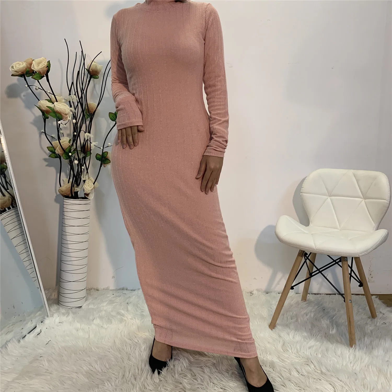 

Women's fashion base Stretch Muslim dress robe Simple solid color slim-fit women's dress Islamic women's dress