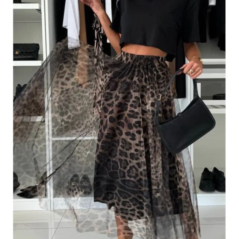 Leopard Print Skirt Women 2024 New European And American Print Elastic Waist Wide Chiffon Skirt Loose Fashion Mid-length Skirts