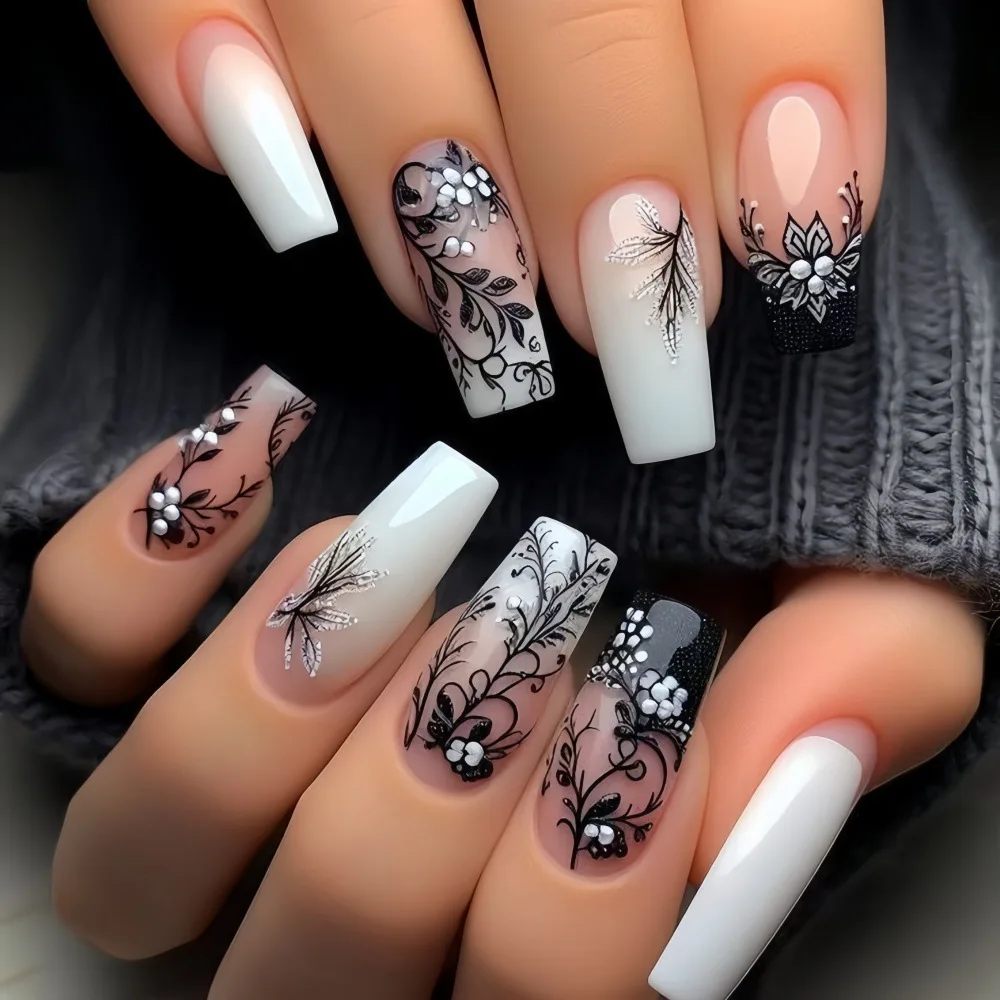 

24Pcs Long Ballerina Fake Nails with White Gradient Design Press on False Nails Black Pattern Reusable Full Cover Nails Tips Art