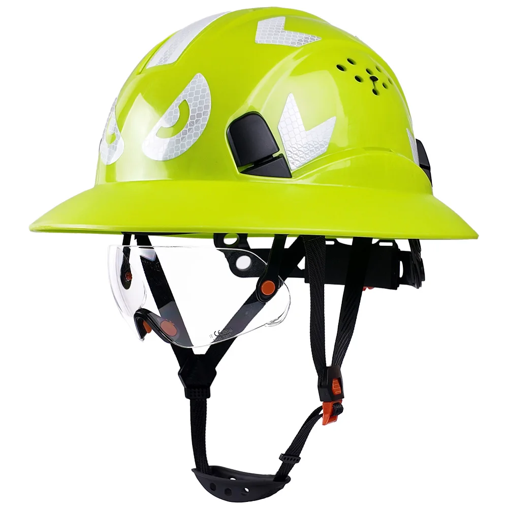 ANSI Full Brim Safety Helmet with Goggles Reflective Stickers HDPE Lightweight Sunshade Breathable Vented Construction Hard Hat