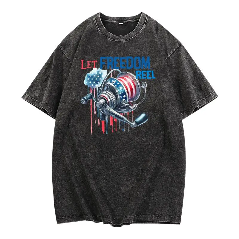 

Let Freedom Reel Fishing Graphic T-Shirt Men’s American Flag Reel Print Patriotic Outdoor Casual Streetwear Tee S-3XL