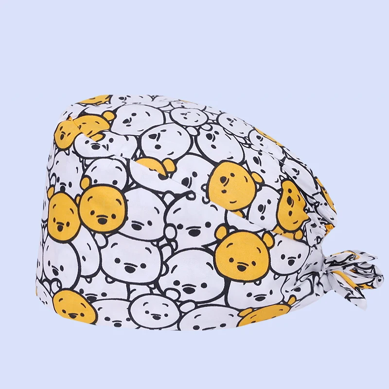 Cute Bear Print Surgical Caps Women Medical Hat Hospital Nurse Doctor Headwear Dental Clinic Nursing Hats for Long Hair M911