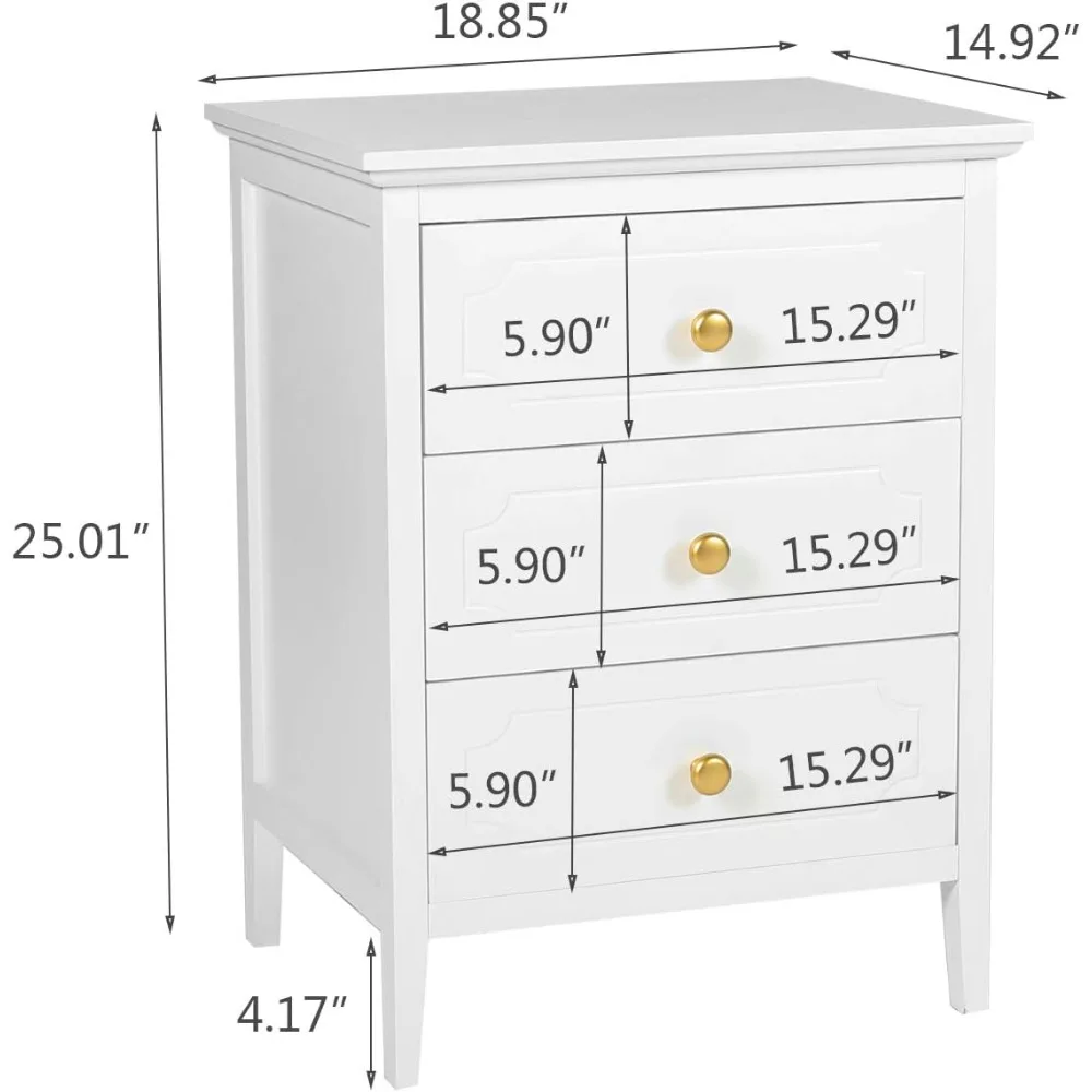 3 Drawer Nightstand White Side Table 19