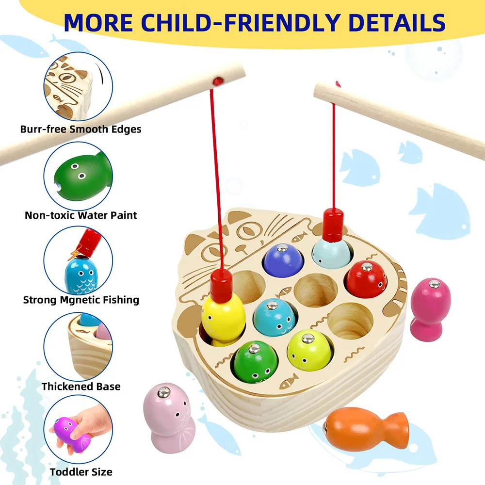 Children\'s Wooden Fishing Toys Magnetic Fishing Game Montessori Intellectual Playsets Fine Motor Skills Training Boys Girls Gift