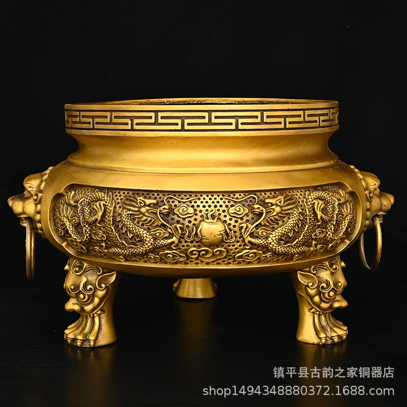 Pure Brass Double Dragon Playing with Pearls Copper Incense Aromatherapy Burner Three-Legged Round Censer